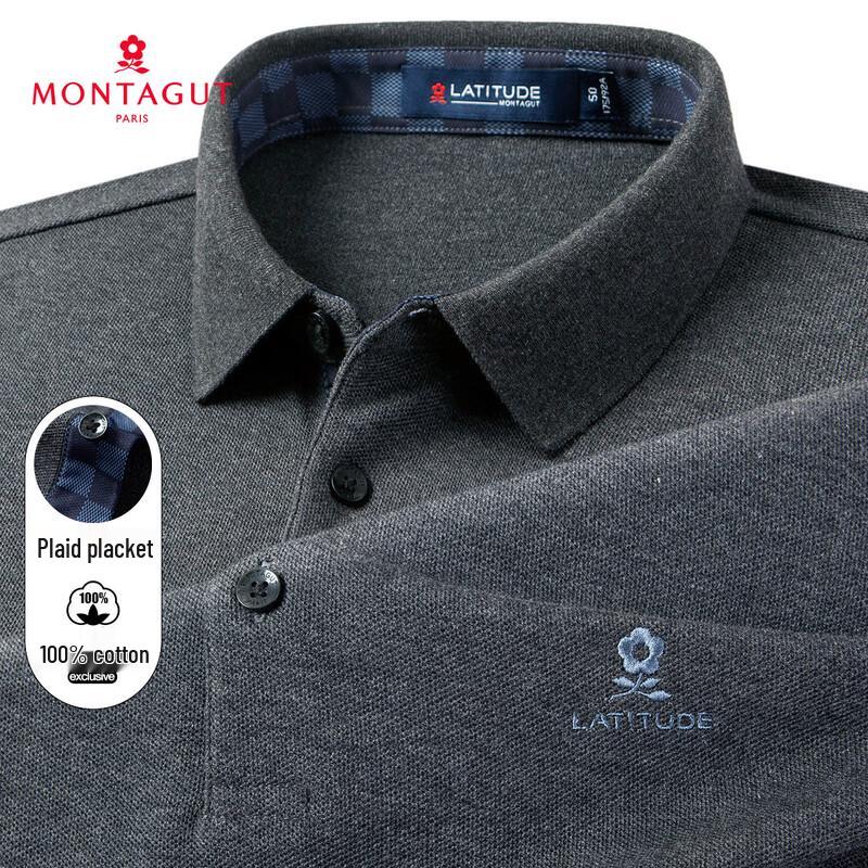 MONTAGUT Men s 100% Cotton Plaid Placket Long-Sleeve Polo Shirt 54