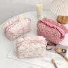 Makeup Organizer Bag Large Capacity Ruffled Edge Bow Floral Print Pen Storage for School Travel Work