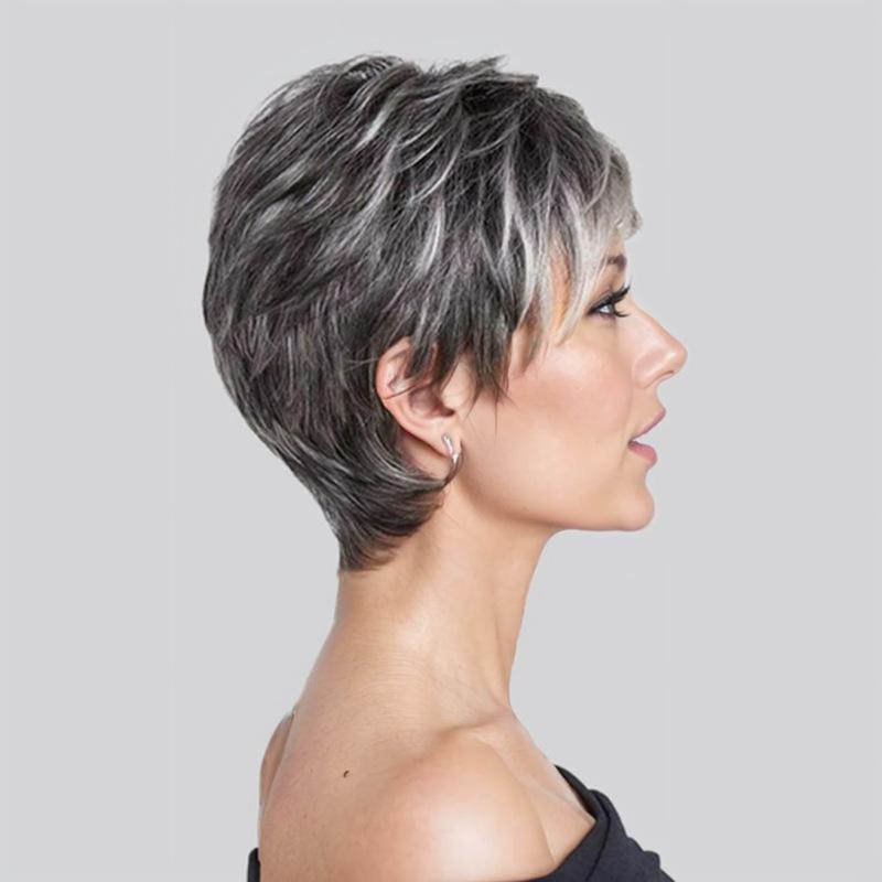 Damska Krótka Peruka Modowa Gradientowy Szaro-Biały Małe Lokrki z Boczkiem Naturalny Wygląd Peruka z Włókna Syntetycznego