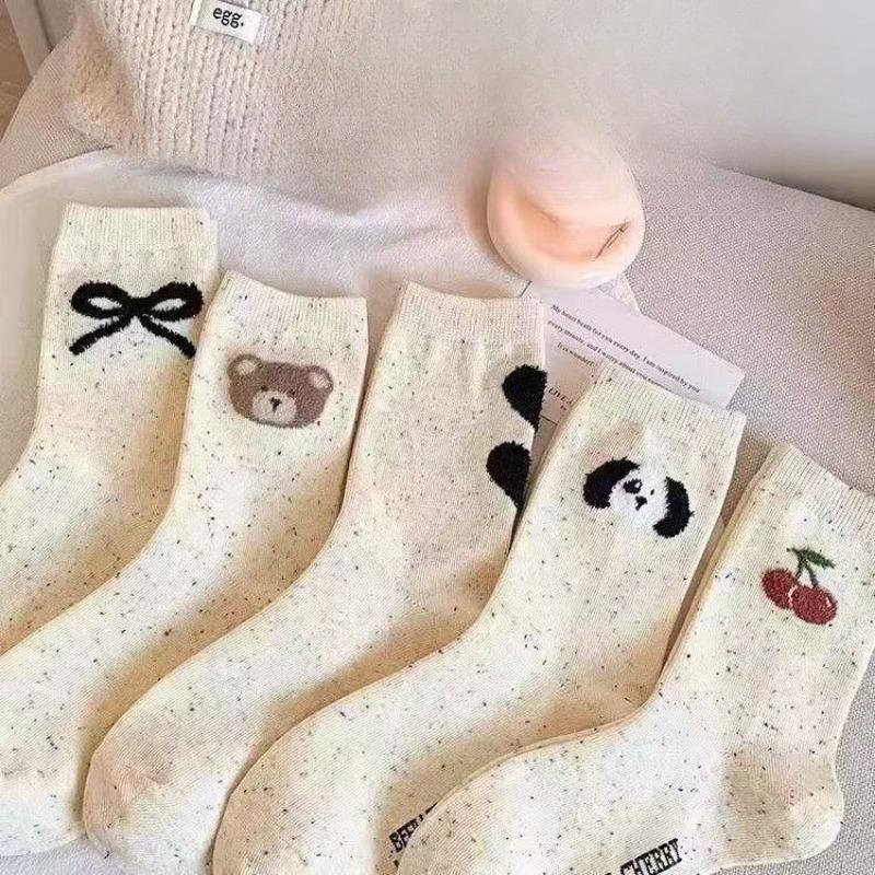 5 Paar Niedliche Socken Damen Schleife Beflockung Punkt Garn Mittelwaden Socken Cartoon Herz Bär Socken