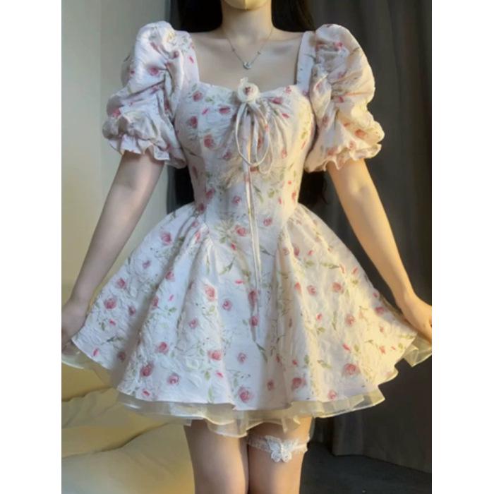 

Sweet Floral Mini Dress: Slim Waist, Youthful Summer Style, Princess Charm, Fluffy Short Skirt Small