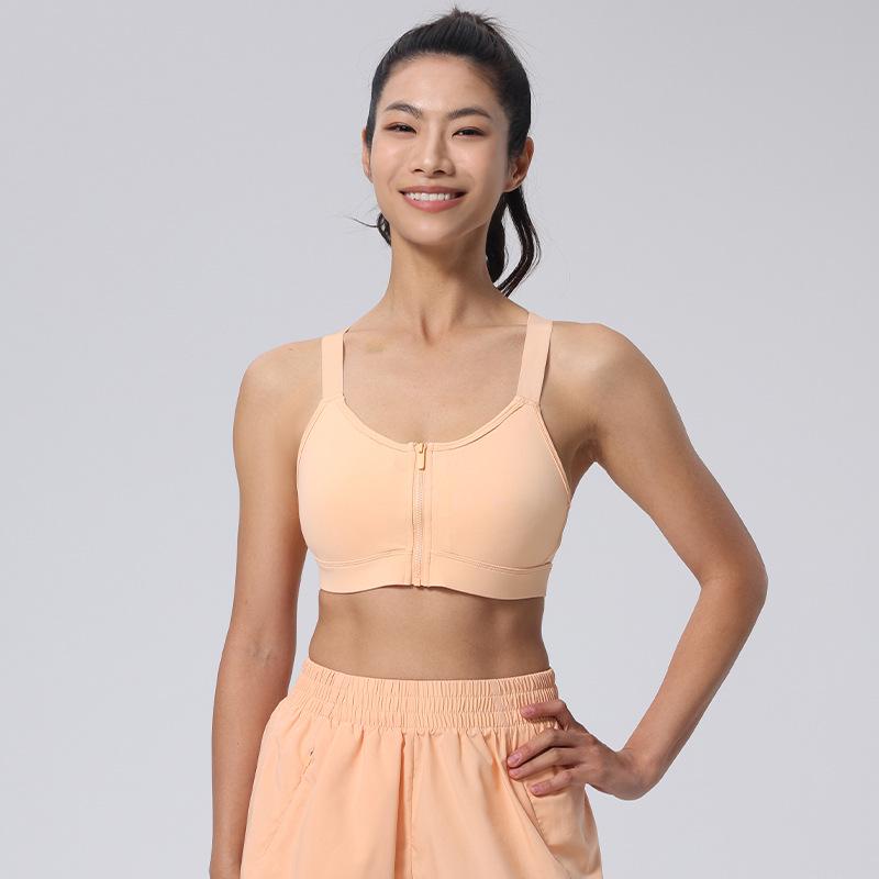 

High-Strength Shockproof Sports Bra with Elastic Cross Straps and Front Zipper for Running and Yoga. S персиковий