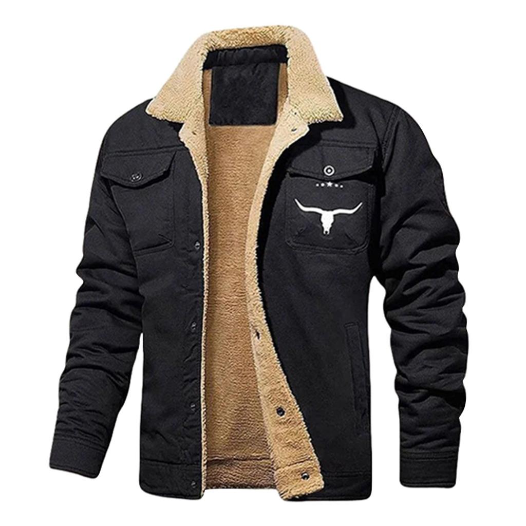 Men's Solid Color Button Pocket Work Jacket Men's Casual Plush Coat