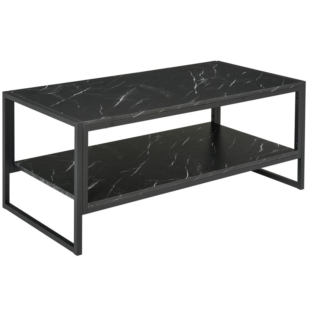 Tavolino da caffè, Tavolino centrale a due livelli effetto marmo finto con struttura in metallo e ripiano portaoggetti per soggiorno, 106 x 50 x 45 cm, Nero