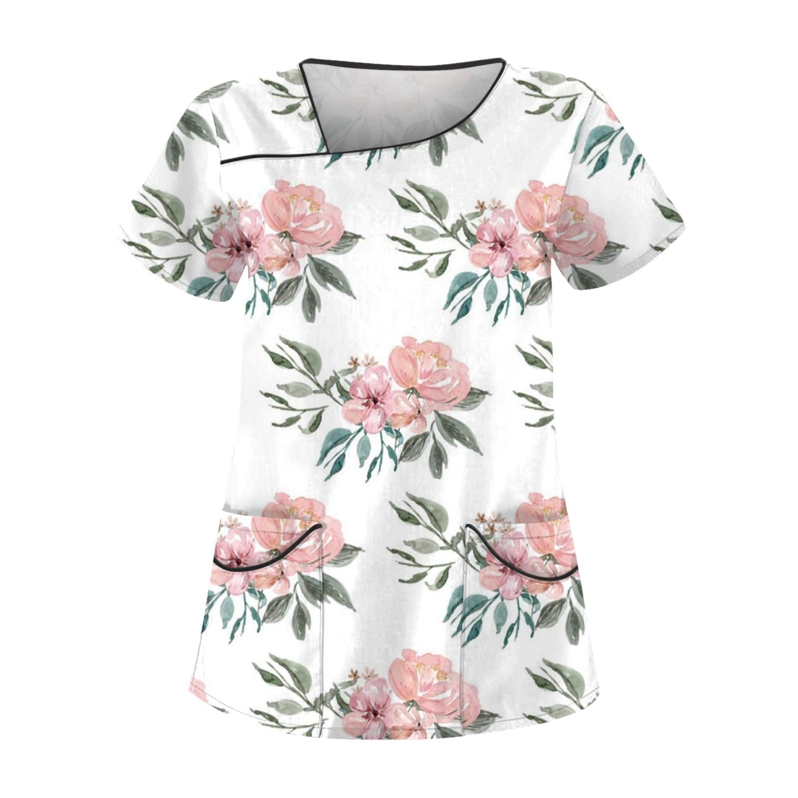 

Женская повседневная рабочая одежда с короткими рукавами и принтом, топ с двойным карманом S розовый