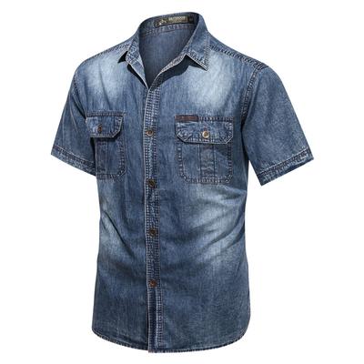 Vintage gewaschene Denim-Hemden für Herren, schmal, lässig, kurzärmelig, Herrenbekleidung, Jeans-Hemd, Sommer-Männerhemd