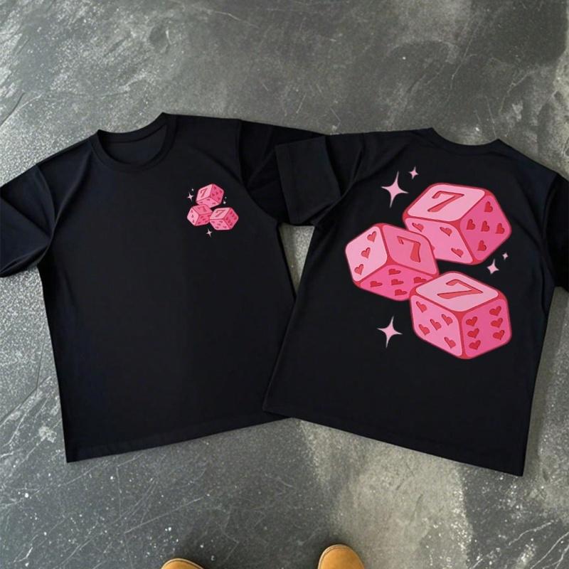 Lucky Seven Würfel T-Shirt Damen Sommer Y2K Ästhetik Rosa Herzen Grafik Locker Rundhals Kurzarm Lässiges T-Shirt