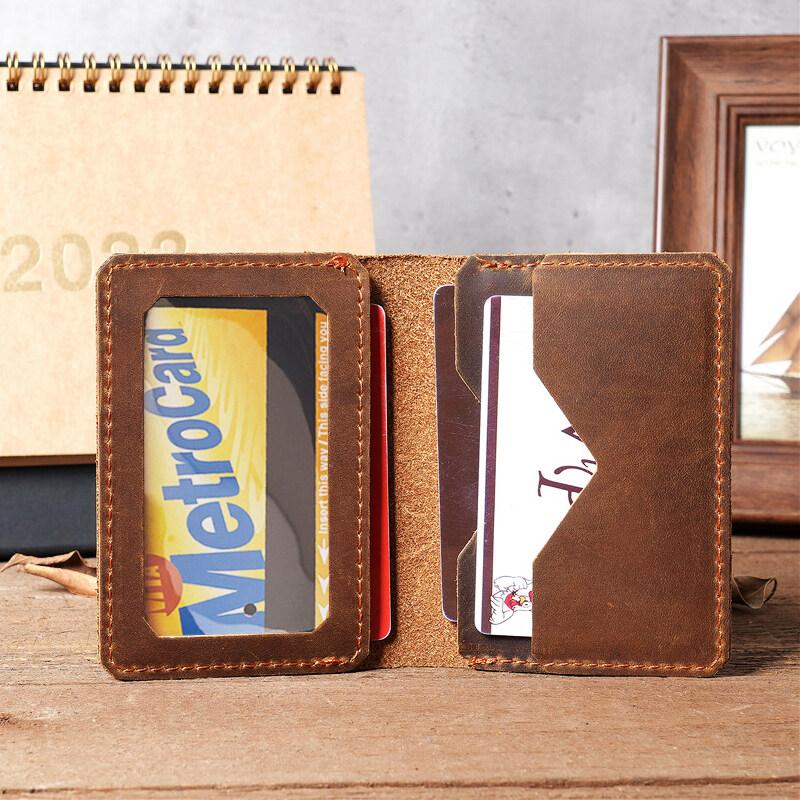 Mens Credit Card Holder Retro Handmade Short Ultra Thin Slim Crazy Horse Leather Durable Portable Small Wallet