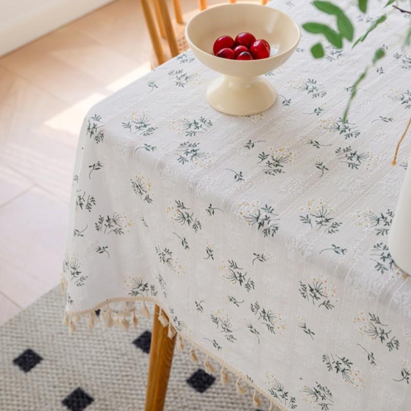 Fresh Linen Cotton Tablecloth Ins Style Daisy Floral Table Cloth Tassel Rectangular Cover Dining Decor