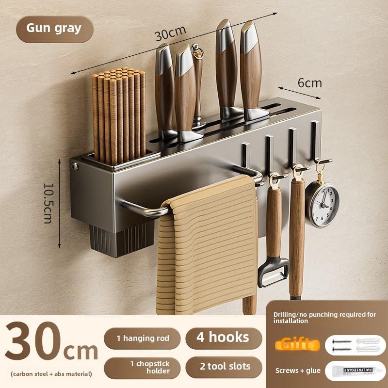 

Стойка для хранения кухонных принадлежностей из высококачественной углеродистой стали, настенный органайзер без сверления, простая и надежная установка gun gray 30cm single chopstick cartridge + 4 hooks
