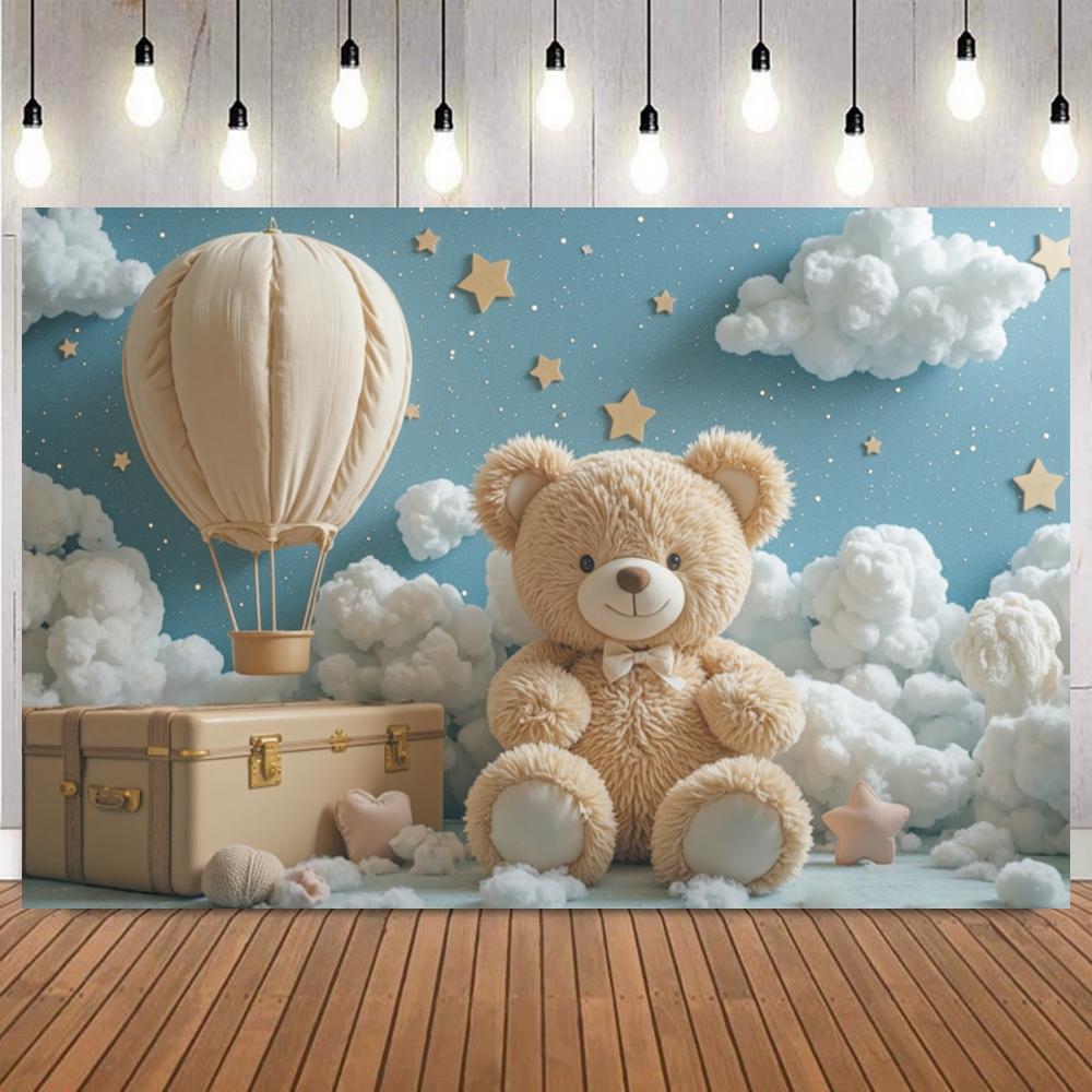 Cute Doll Bear Theme Backdrop Blue Sky Soft Cloud Hot Air Balloon Newborn Baby Shower Birthday Party Decor Photo Background18