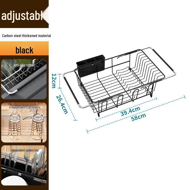Retractable Sink Dish Rack with Cup & Cutlery Holder for Kitchen Countertops