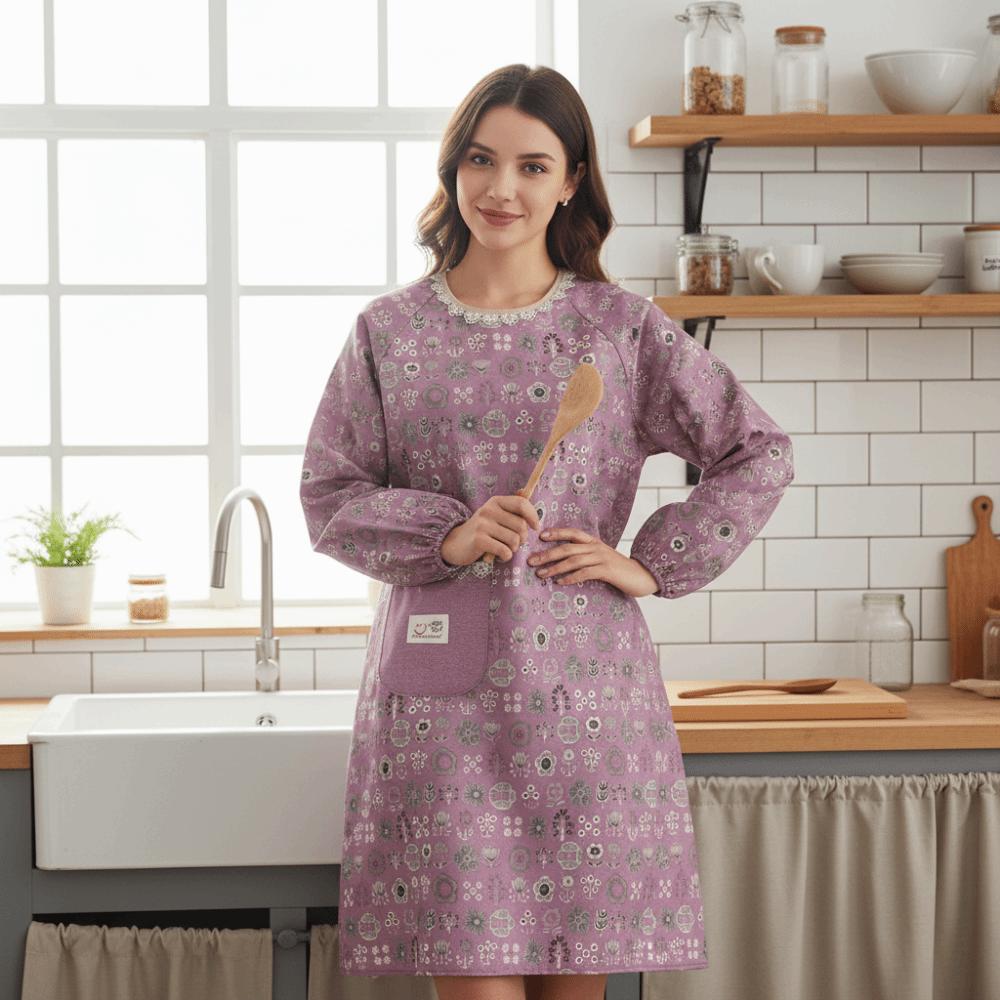 2Pcs Canvas Kitchen Cooking Apron Breathable Protective Long Sleeve Apron Back Lace Up Adjustable Suspender Work Dress