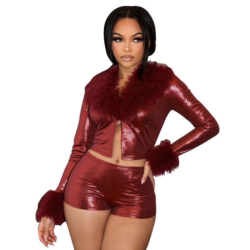 D25ST506 Damen Winter Schlangenprint Zweiteiliges Set: Pelz Langarm Top & Enge Shorts