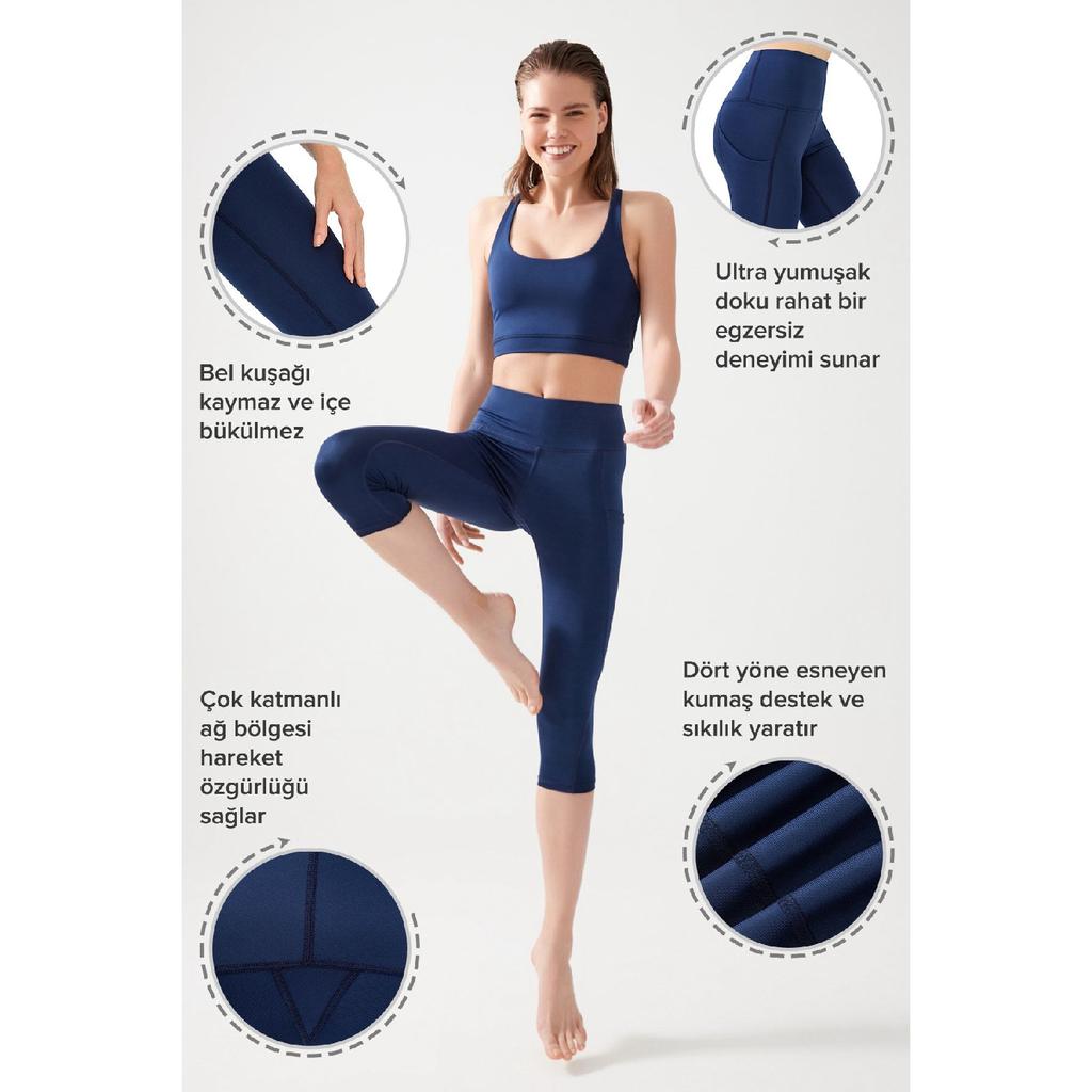 Women's Black High Waist Collecting Double Pocket Below Knee Capri Leggings Capri