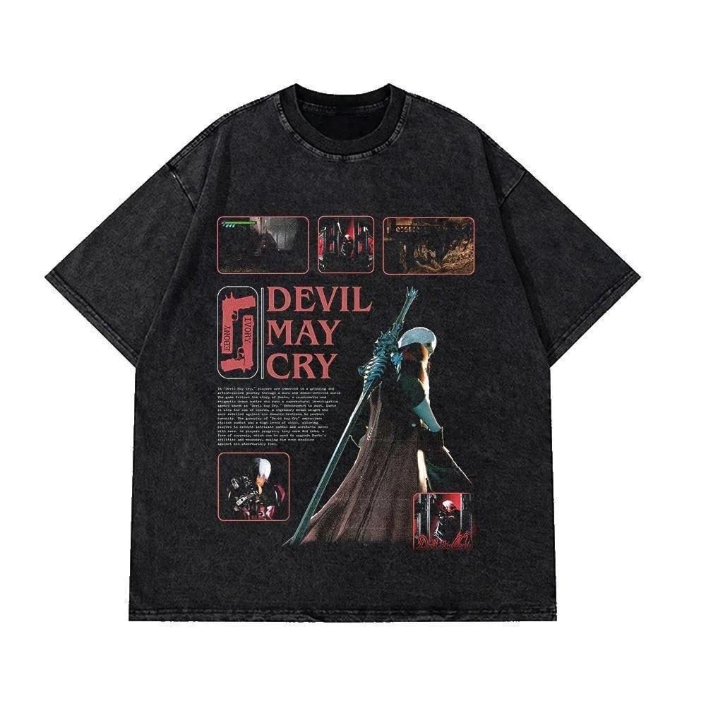 Devil May Cry 3: Dante's Awakening Vintage-Wash Graphic T-Shirt: Double-Sided Design Featuring Dante Character Art & Game Title