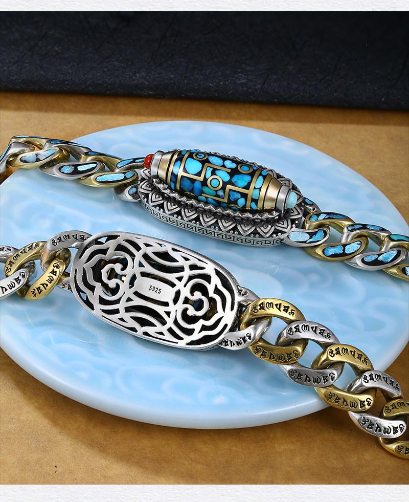 Sterling Silver Turquoise Dzi Bracelet with Six-Character Mantra