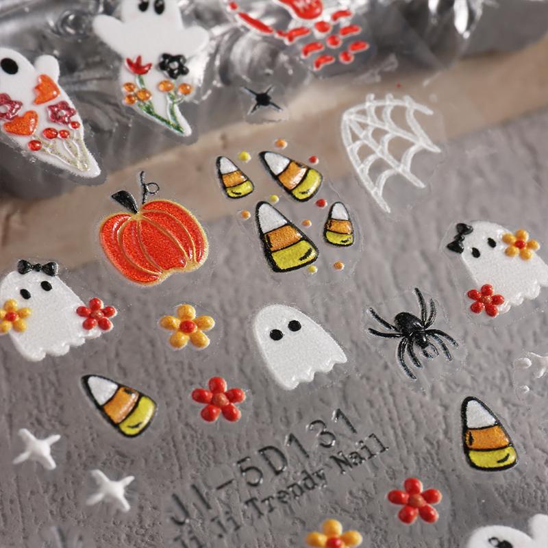 1 Feuille Autocollante Décalcomanies pour Ongles Autocollants Halloween 5D texturés pour Ongles avec Motifs Fantôme Citrouille Sorcière Curseur Manucure