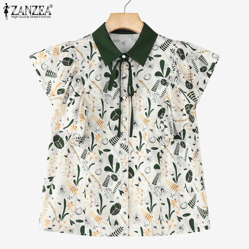 ZANZEA Damen Umlegekragen Locker Sommer Kurzarm Print Bluse