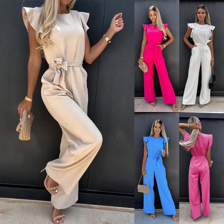 2024 European & American High-Waisted Tie-Up Jumpsuit - Solid Color, Long Pants, Women's Commuter Wear