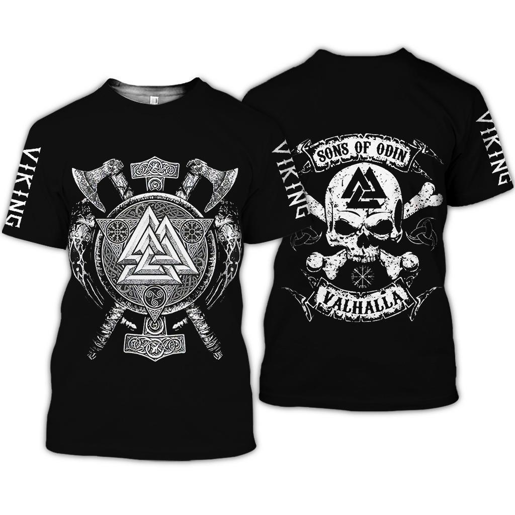 Summer Round Neck 3D Viking Tattoo Print Top Fashionable Casual Short Sleeved Men's T-shirts