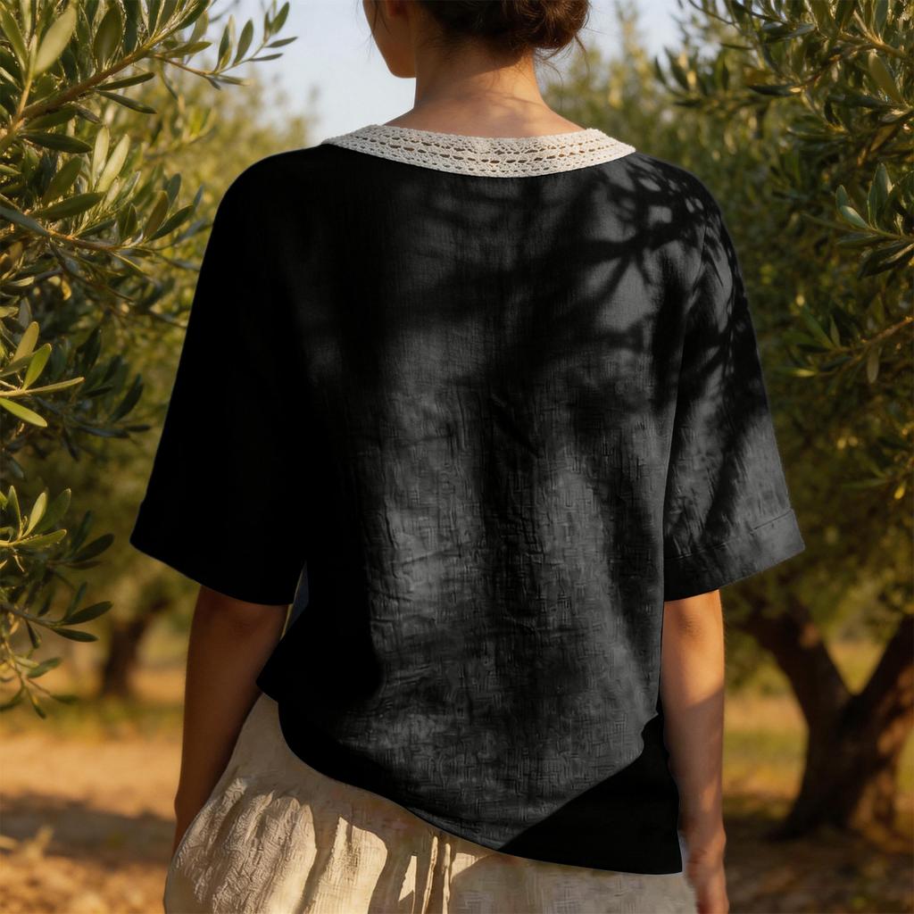 Women Vintage Short Sleeve Linen Cotton Blouse U Neck Lace Trim Casual Loose Fit Summer Top
