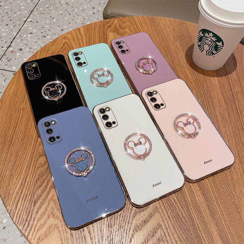 

Симпатичный Медведь Блеск Кольцо Стенд Гальванизированный Чехол для Samsung Galaxy S22 Ultra S21 S20 FE S10 Plus Кронштейн Мягкий анти-падение Крышка