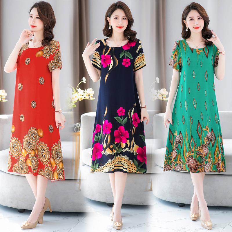 Women's Half Sleeve Print A-Line Dress Crew Neck Loose Waist Casual Summer Midi Rayon Dress For Middle-Aged Mothers Multiple Colors Optional