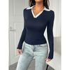 Spring Autumn Casual Women's Polo Shirt Slim Solid Color Tops Contrast Lapel Lady's Long Sleeve Tops Simple Women's T-shirt