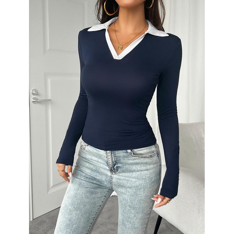 Spring Autumn Casual Women's Polo Shirt Slim Solid Color Tops Contrast Lapel Lady's Long Sleeve Tops Simple Women's T-shirt