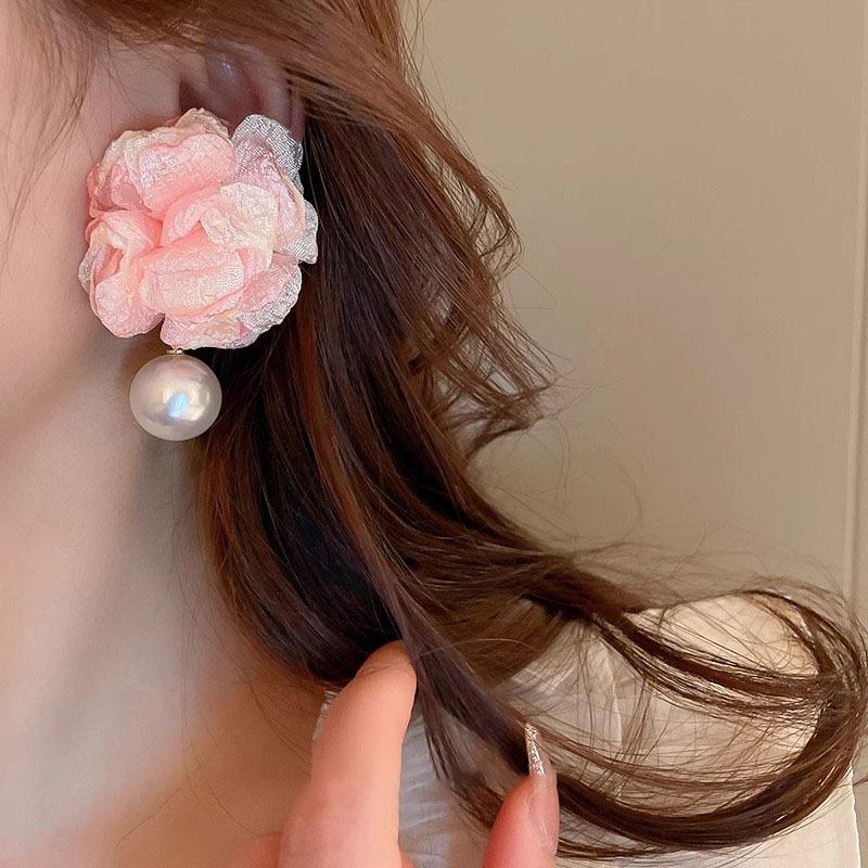 Delicate Pink Large Flower Earrings for Women Girls Fashion Imitation Pearl Pendant Earrings Christmas Jewelry Accessories