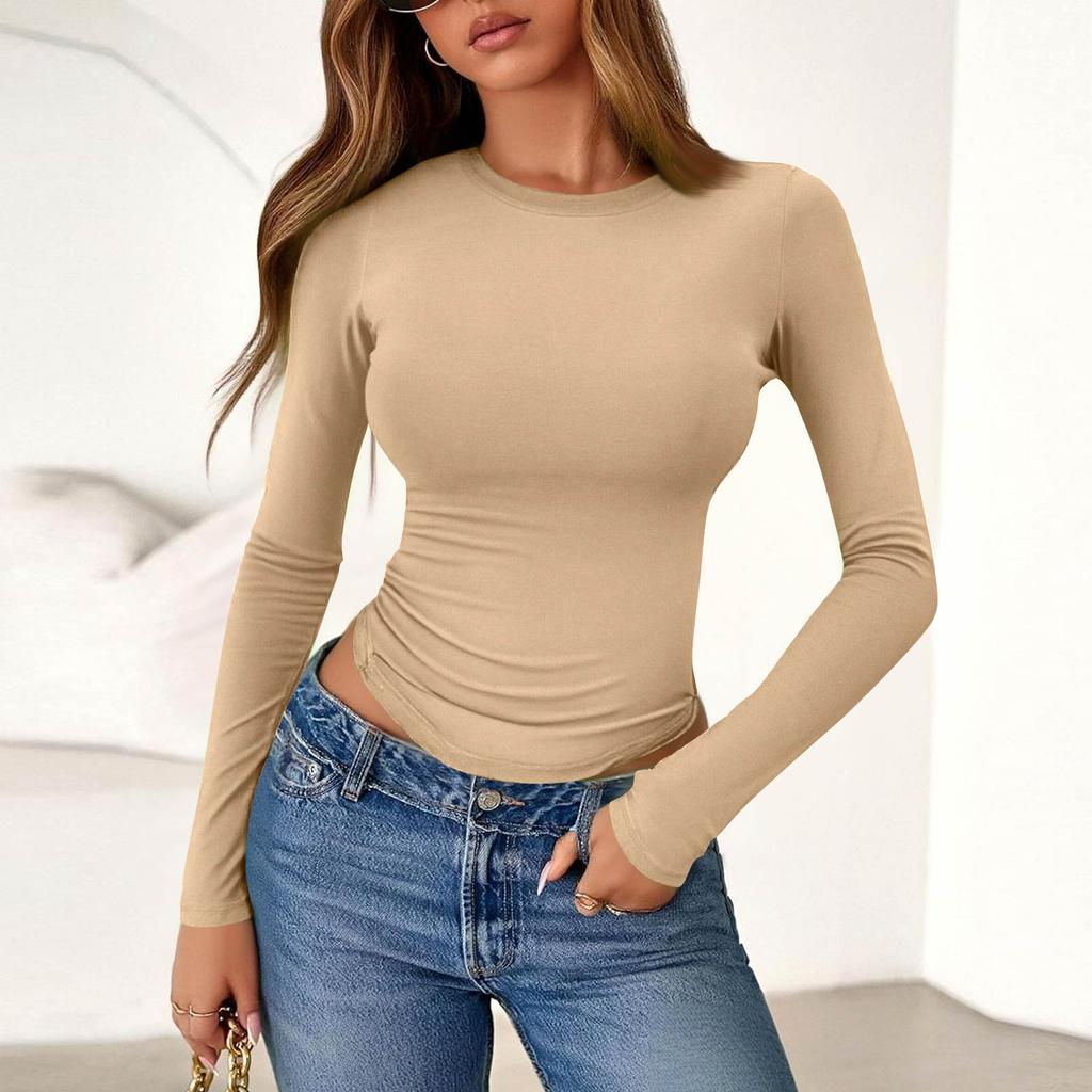 Damenmode Farbe Rundhals Langarm T-Shirt Top