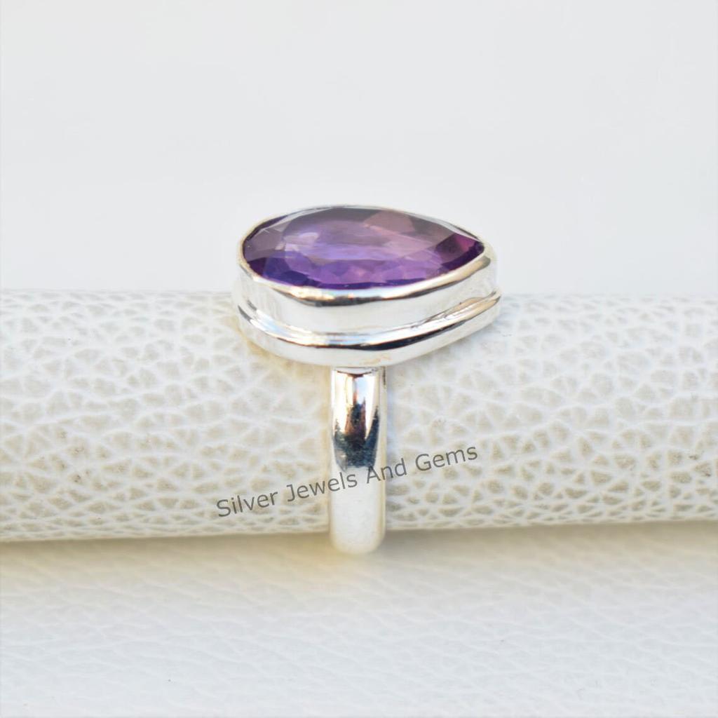 Teardrop Amethyst Ring: Natural 925 Sterling Silver, February Birthstone