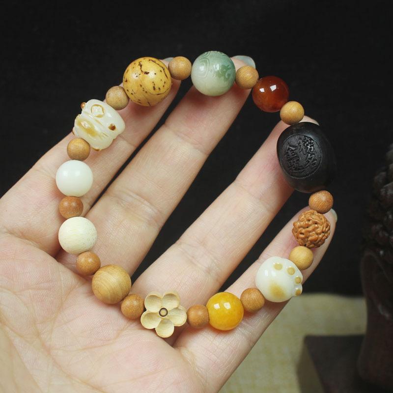 Traditional Chinese 18 Bodhi Seeds Mala Bracelet, Lingyin Style Multi-Treasure Prayer Beads for Couples