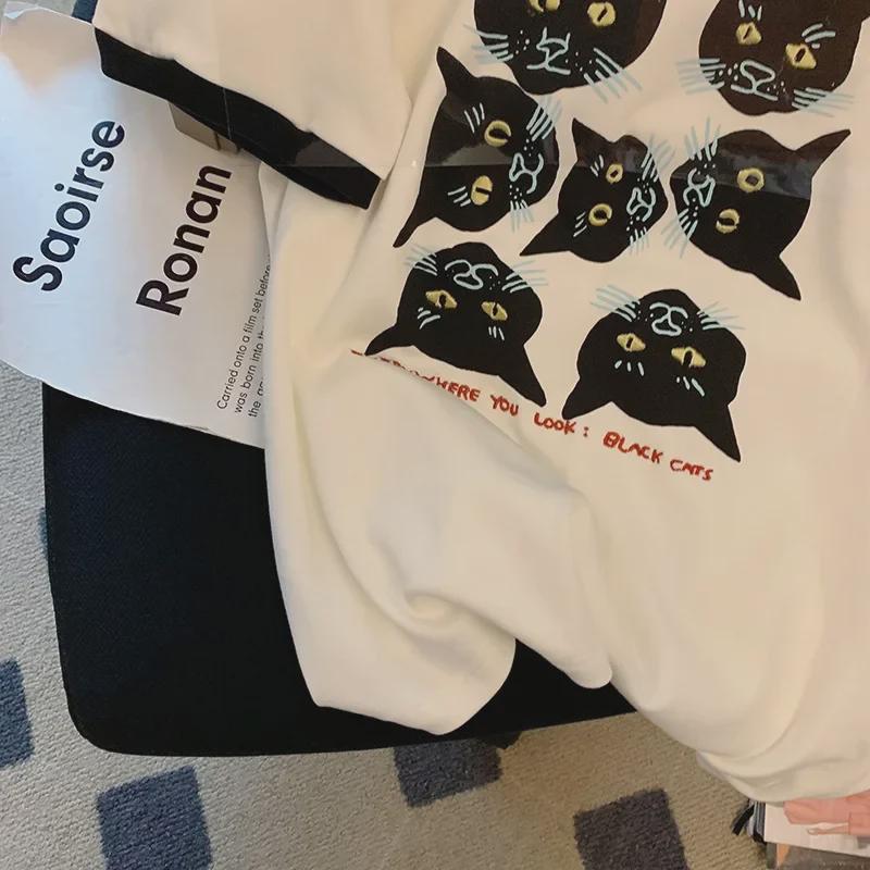 Dámské letní 2024 volné tričko s potiskem kreslené kočky - Čistá bavlna, kontrastní límec, ležérní top s krátkým rukávem