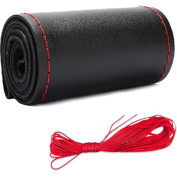 Leather Steering Wheel Cover, DIY Sewing with Needle & Thread, Breathable Anti-Slip Car Steering Wheel Protector, Universal 15 Inch Auto Steering