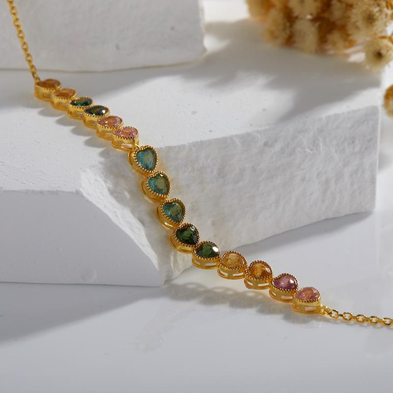 Earrings S925 Sterling Silver Inlaid Natural Colored Treasure Tourmaline Bracelet Women'S Heart-Shaped Love High-End Bracelet.
