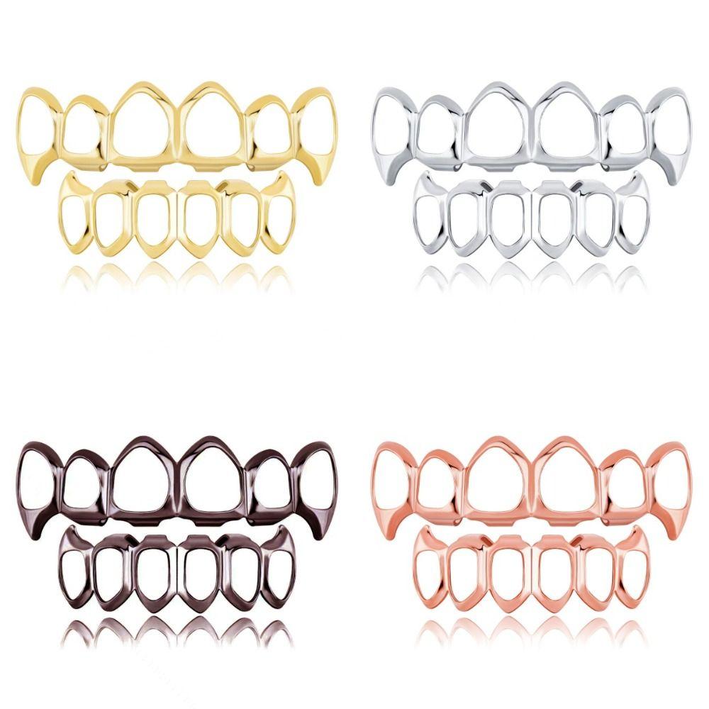 Eco-friendly Copper Hollow Teeth Grillz Top Bottom Set Anti Slip Teeth Jewelry Rapper