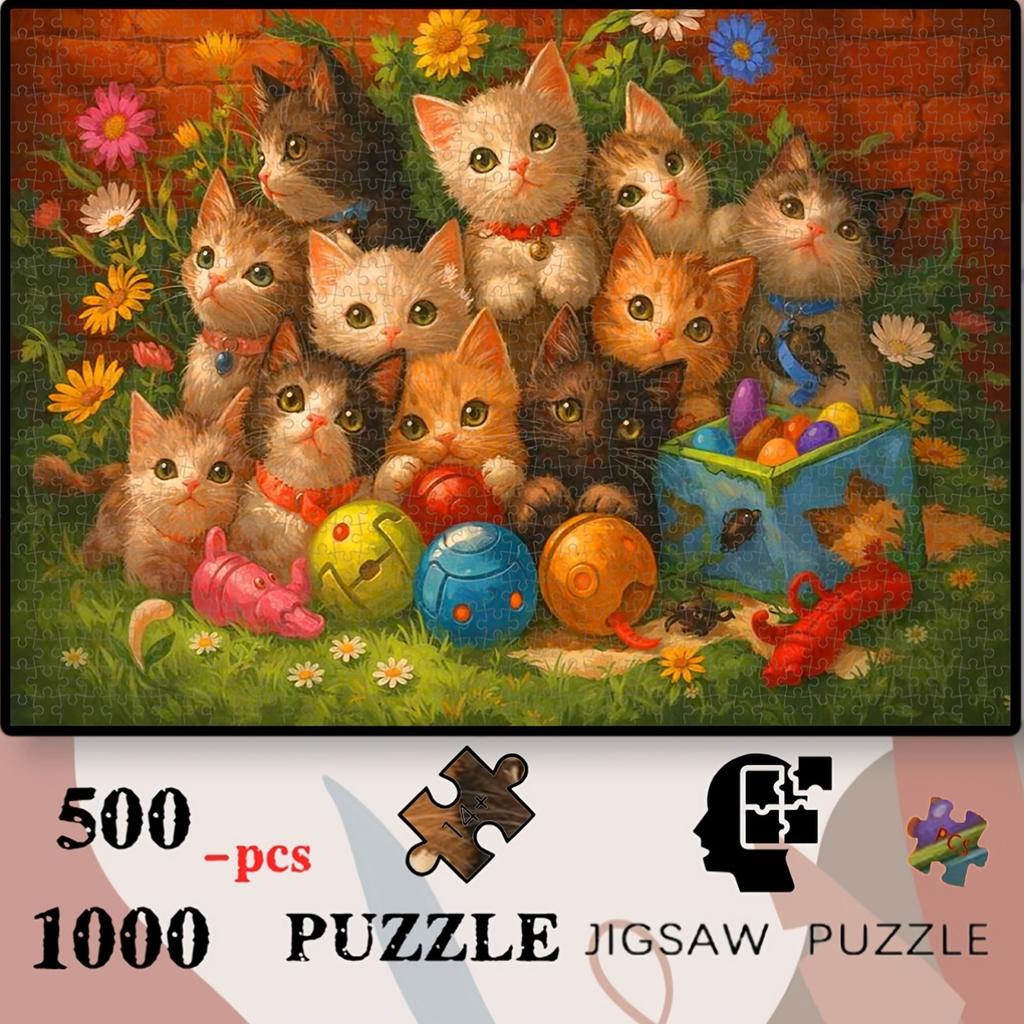500pcs/1000pcs Colorful Cats and Toys Jigsaw Puzzle | Immersive and Calming Experience, High-Quality Cardboard, Ideal for Tabletops and Outdoor Activi
