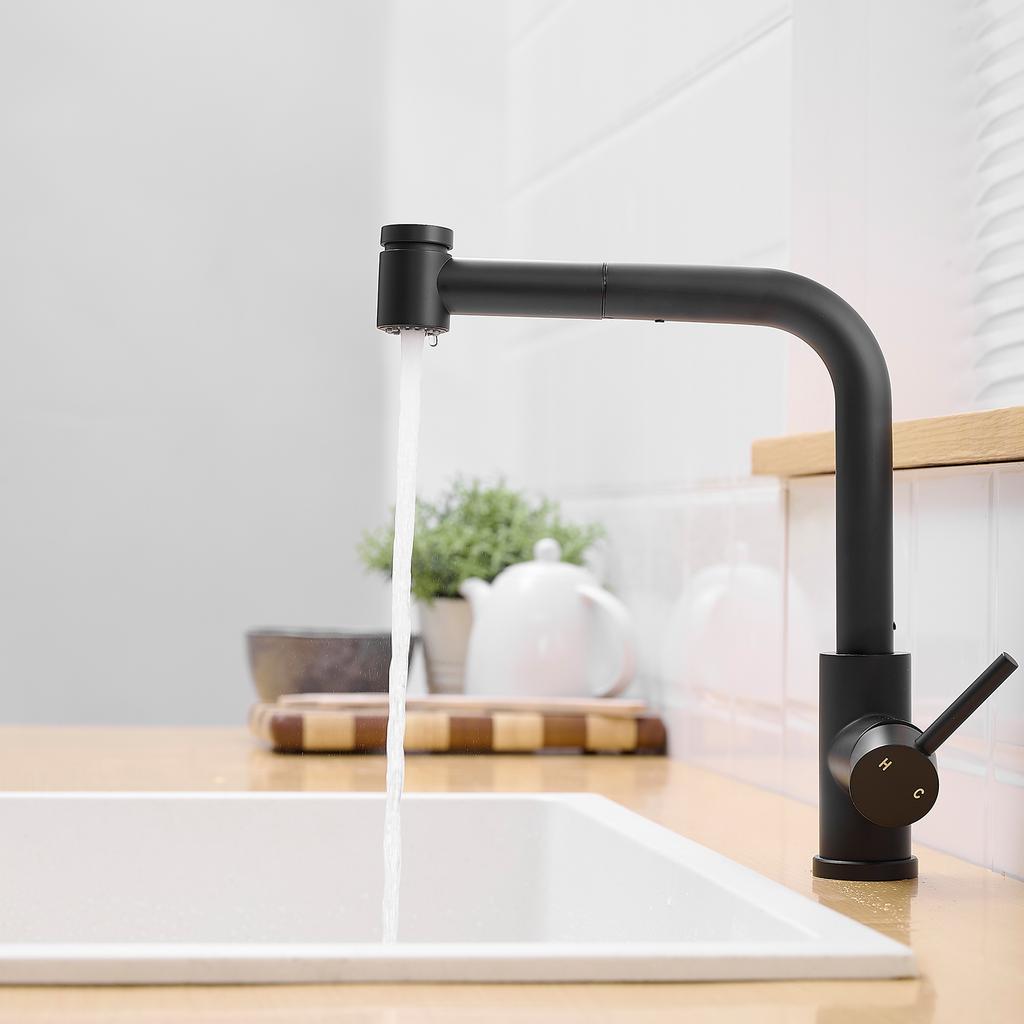 Modern Single Handle Kitchen Faucet with 360° Swivel Pull Out Sprayer Stainless Steel Single Hole Sink Faucet for Hotels