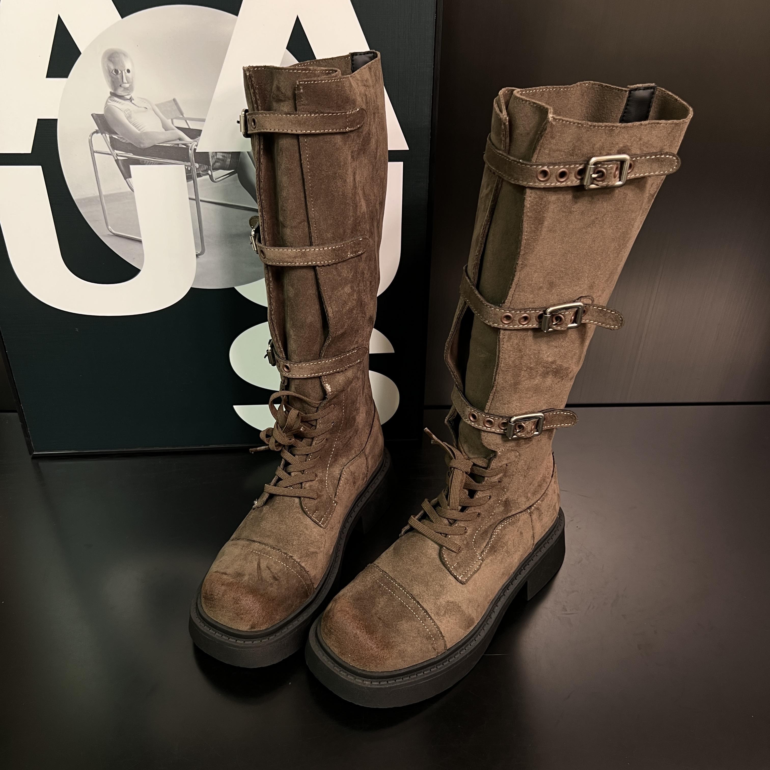 

Thick-soled retro niche fashion boots women s autumn new round head belt buckle western cowboy comfortable boots tide 39
