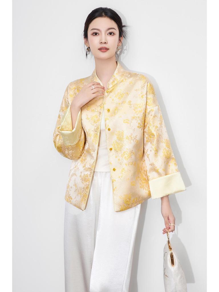Ruicai Reversible Gold Thread Jacquard Jacket - Women's Autumn Style