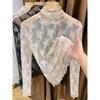 Lace turtleneck bottoming shirt women's autumn and winter, annual hollow thin mesh shirt with apricot long-sleeved top