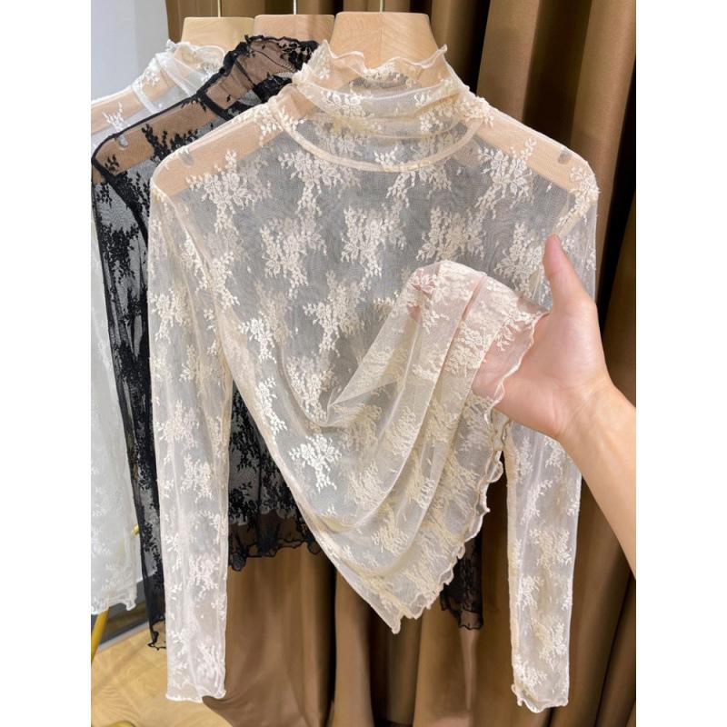 Lace turtleneck bottoming shirt women's autumn and winter, annual hollow thin mesh shirt with apricot long-sleeved top