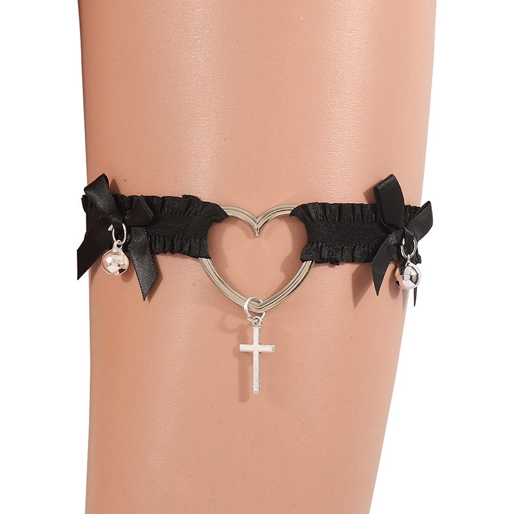 Gothic Lace Bells Garter Belt Heart Bowknot Cross Lolita Rings Leg Garters Cosplay Collar Sexy E5B1