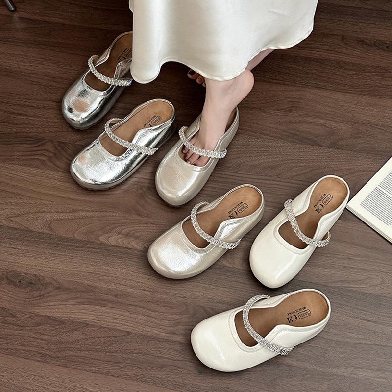 Retro rhinestone word with bag head half slippers women's summer fashion versatile leather shoe buckle with skirt cool slippers