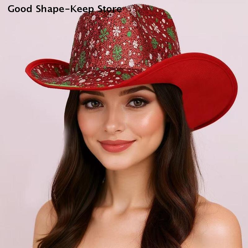 Red Christmas Cowboy Hat Santa Claus Decoration Holiday Party Props Wide Brim Cowgirl Hat Jazz Hat cowboy hat