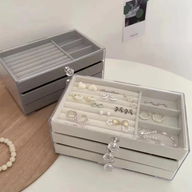 Velvet Jewelry Organizer for Women 3 Drawers Stackable Acrylic Display Case Earring Necklace Bracelet Storage Box Holder