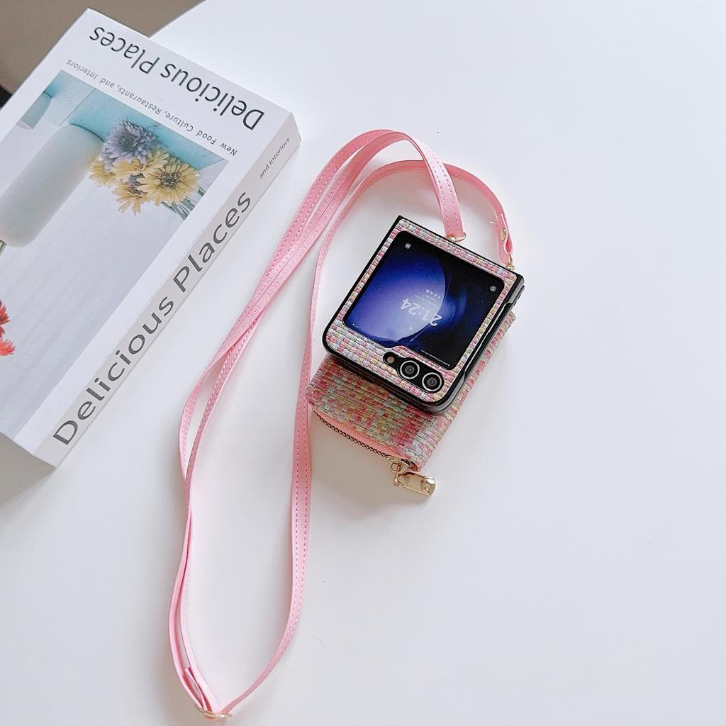 For Samsung Galaxy Z Flip5 5G Phone Case Card Bag PU Leather+PC Cover with Crossbody Strap