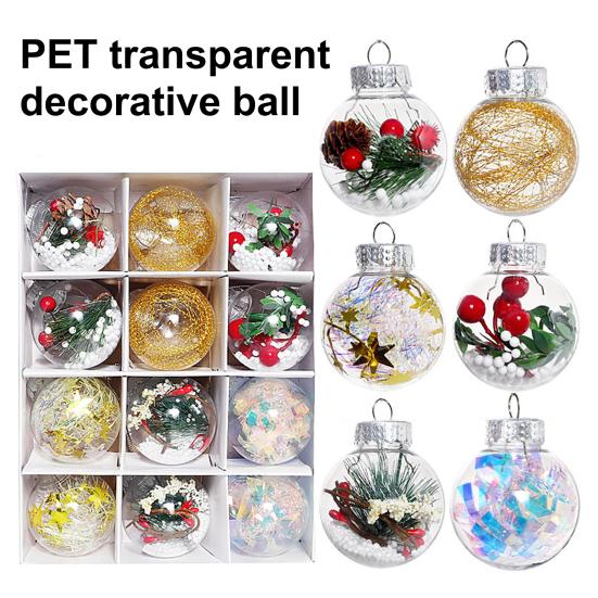 12 Pcs Clear Christmas Ball Ornaments 2.36" Shatterproof Plastic Hanging Xmas Tree Baubles Set with Stuffed Decorations for Holiday Party Home Decor